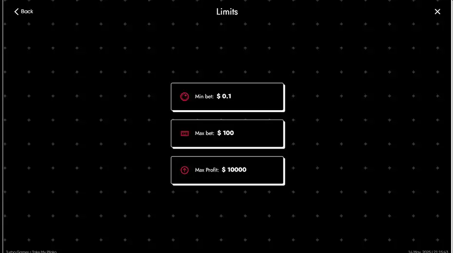 Интерфейс настроек и лимитов в Take My Plinko Turbo