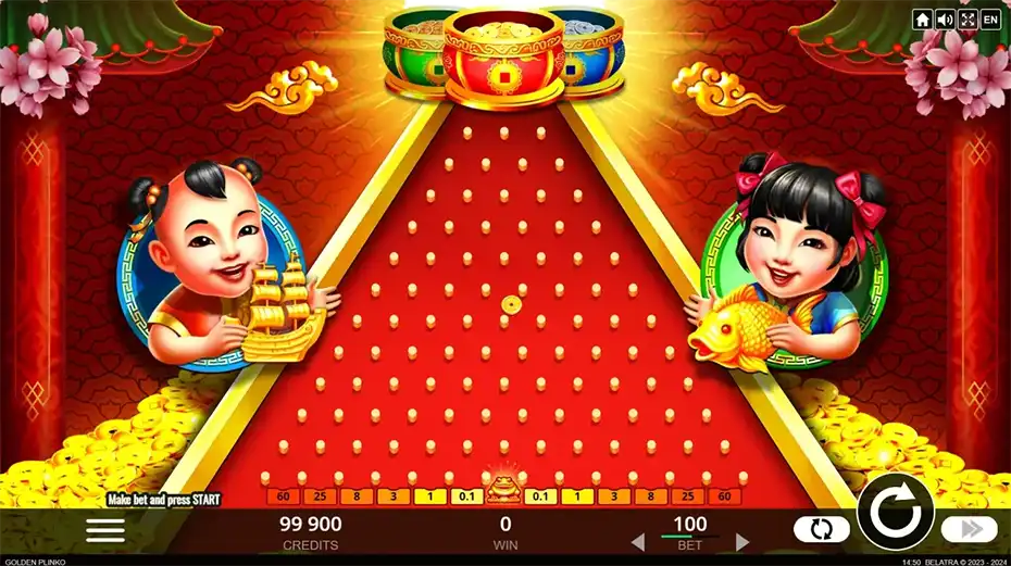 Интерфейс выбора рядов и уровня риска в Golden Plinko
