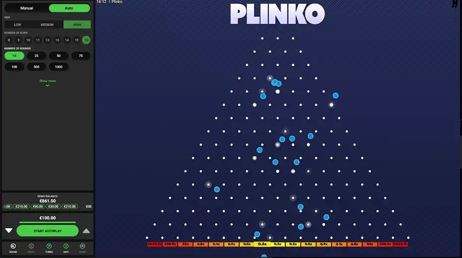 plinko hacksaw gaming интерфейс и выбор от 8 до 16 рядов