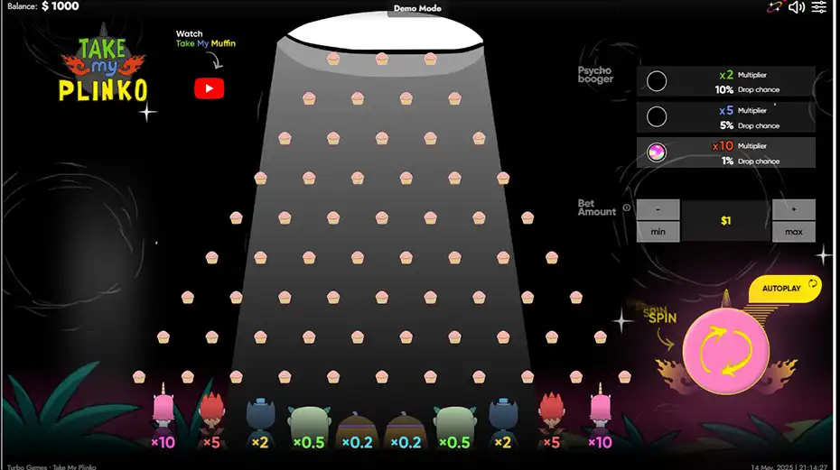 Выбор множителя Psycho Booger в Take My Plinko
